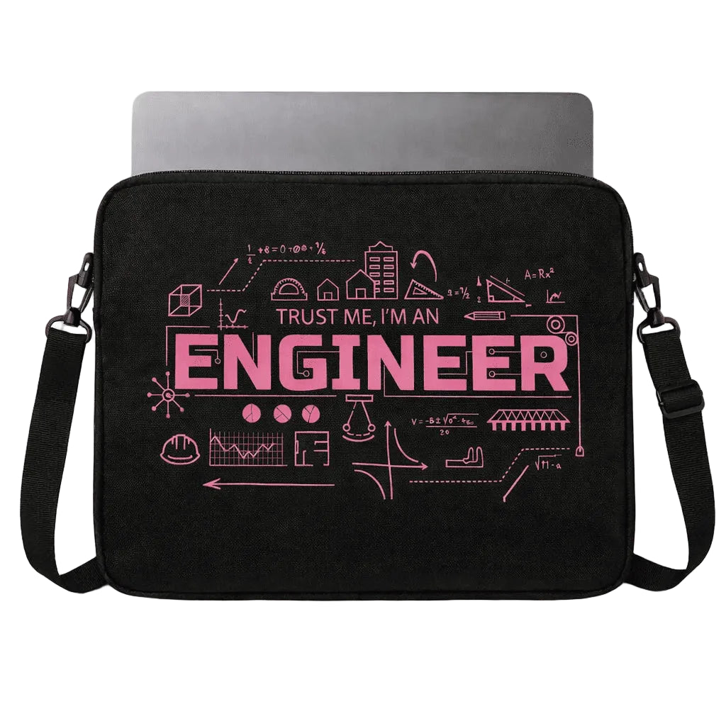 A black laptop sleeve with a pink graphic design that reads 'TRUST ME, I'M AN ENGINEER' surrounded by engineering-themed line drawings, shown with a laptop partially inserted. The sleeve has a black shoulder strap and is photographed against a plain white background.