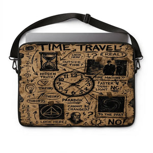 A laptop sleeve featuring a detailed black and brown 'Time Travel' graphic design on a distressed tan background, shown with a silver laptop on a white background.