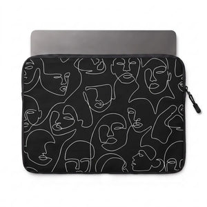 A black laptop sleeve featuring a white continuous line art pattern of various faces, shown with a gray laptop inserted at the top, on a plain white background.