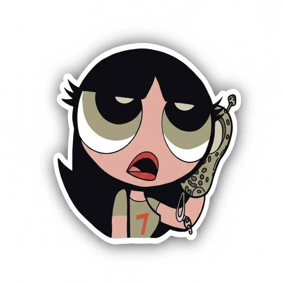 A die-cut cartoon sticker featuring a stylized character with large eyes, black hair, and a green top holding a spotted snake, shown on a plain white background.