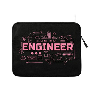 Black laptop sleeve with pink 'Trust me, I'm an engineer' text and graphics on a white background