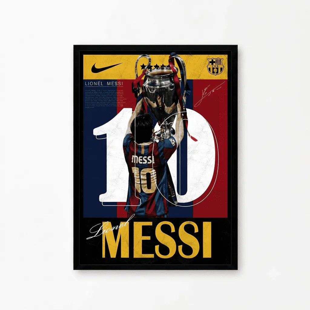 A framed Lionel Messi 10th anniversary poster featuring a graphic illustration of Messi in a Barcelona jersey holding a trophy, with the number 10, 'MESSI', Nike swoosh, and FC Barcelona crest.