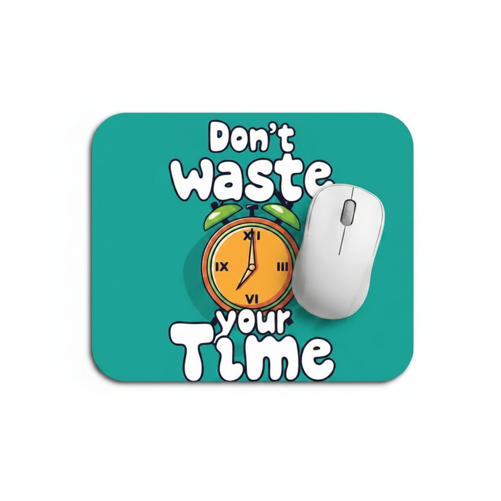 Mouse pad with a clock design and text 'Don't Waste Your Time' on a teal background.