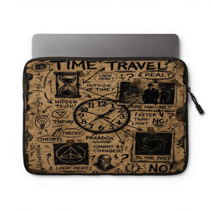 A laptop sleeve featuring a dark brown and black 'Time Travel' collage design with hand-drawn schematics, an hourglass, and thought bubbles, shown on a white background with a laptop partially inserted.