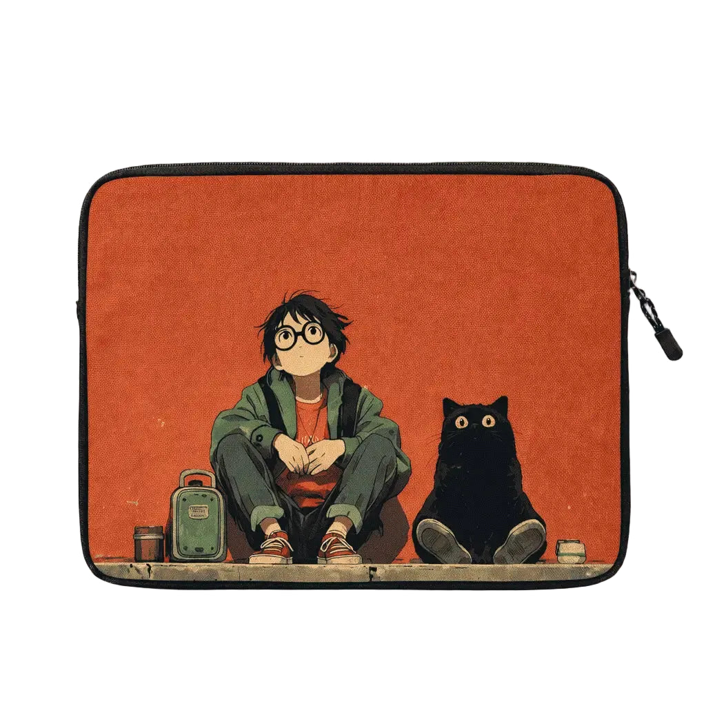 A laptop sleeve featuring an illustrated scene of a person sitting cross-legged next to a black cat against a terracotta background, shown with a laptop partially inserted on a light gray background.