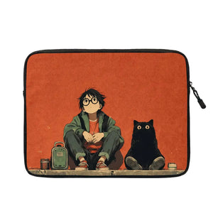 A laptop sleeve featuring an illustrated scene of a person sitting cross-legged next to a black cat against a terracotta background, shown with a laptop partially inserted on a light gray background.