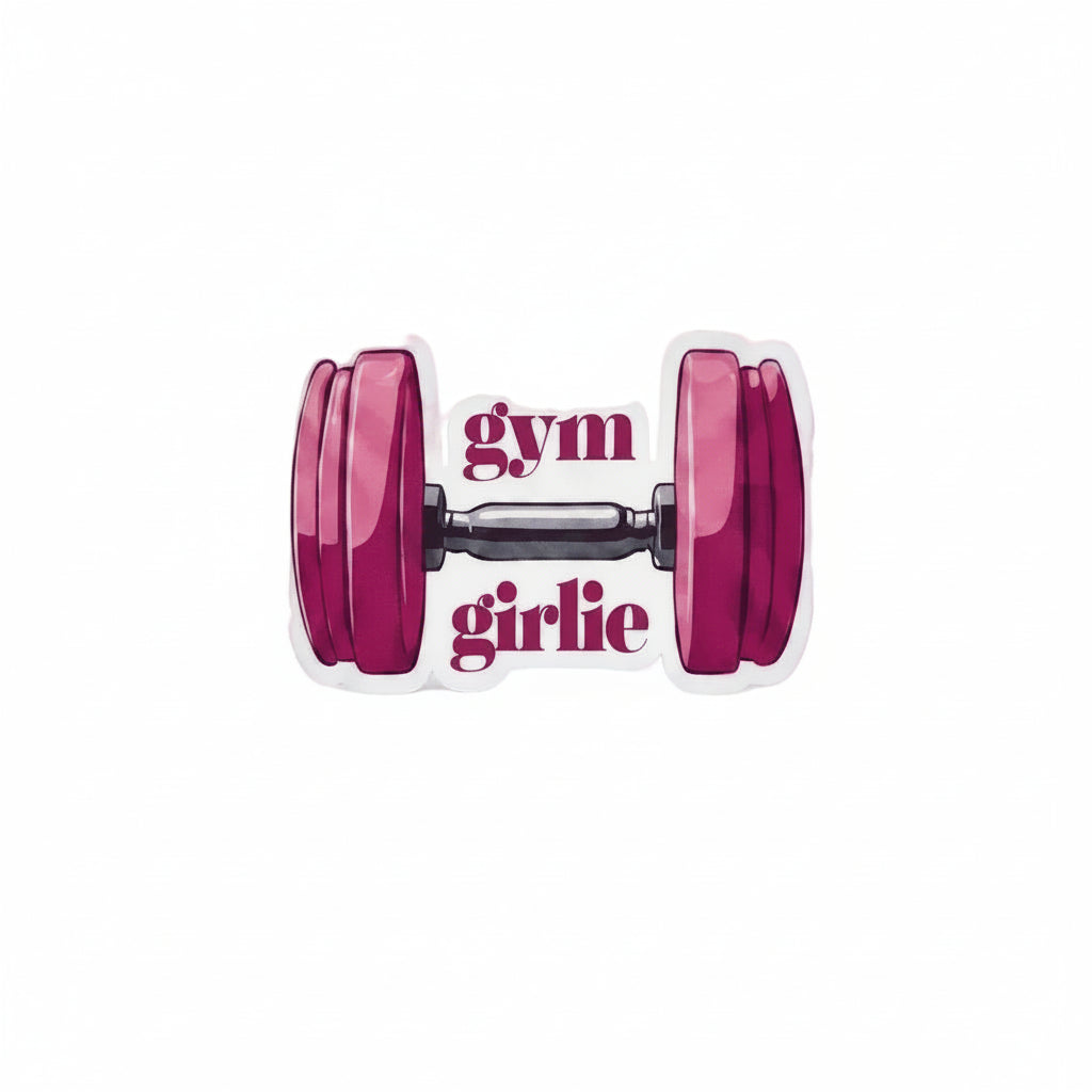A die-cut sticker featuring an illustration of a pink dumbbell with the words 'gym girlie' in pink text on a white background with a soft drop shadow.