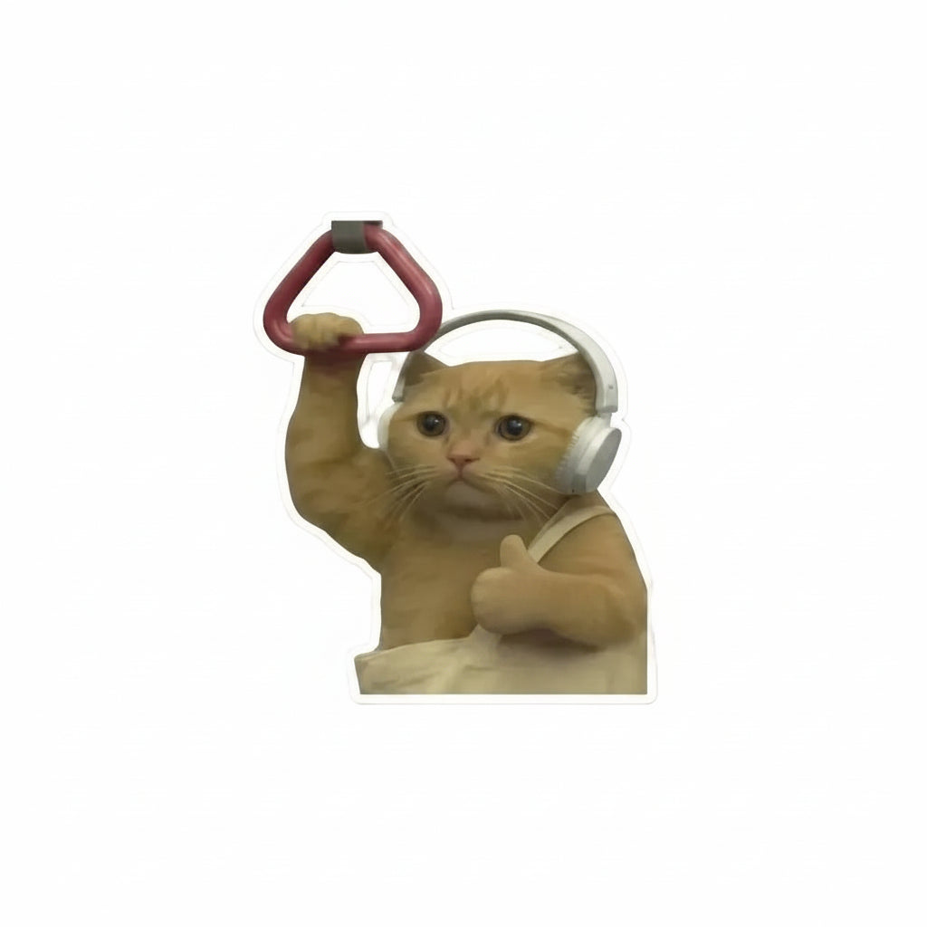 A die-cut sticker featuring a ginger cat wearing white headphones and holding onto a red handrail, shown on a plain white background.