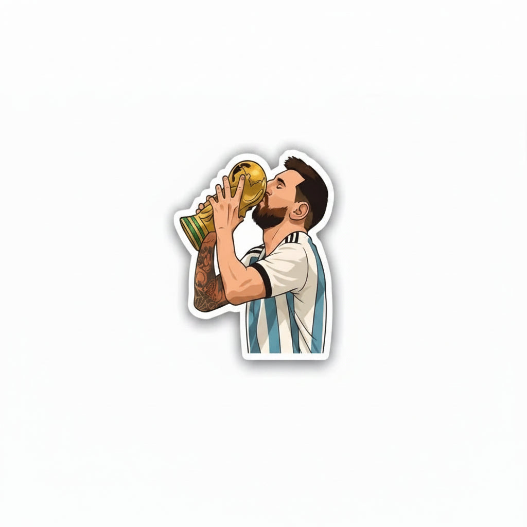 A die-cut sticker featuring an illustrated man in an Argentina national team jersey kissing a gold trophy, shown on a plain white background.