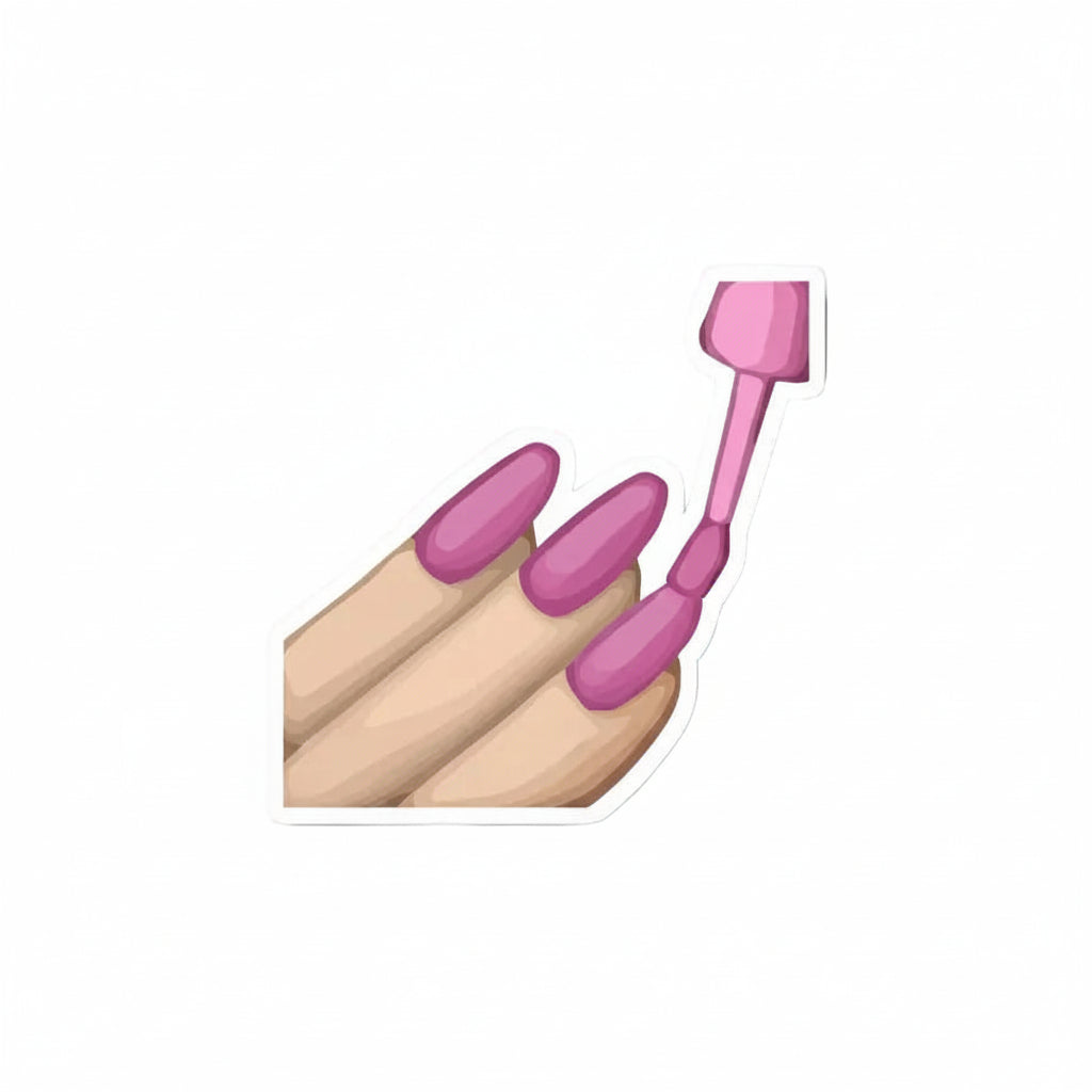 A die-cut sticker featuring an illustration of manicured fingernails painted in a dusty pink shade, with a pink nail polish brush applying polish, shown on a light gray background.
