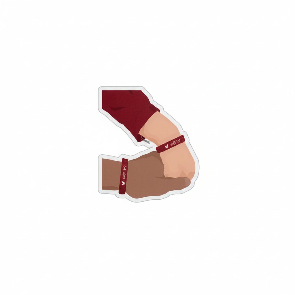 A die-cut sticker depicting two illustrated arms clasping hands, with one arm in dark red and the other in tan/brown, both wearing matching red wristbands printed with the white text 'stay with us'. The sticker is shown on a clean, light gray background.