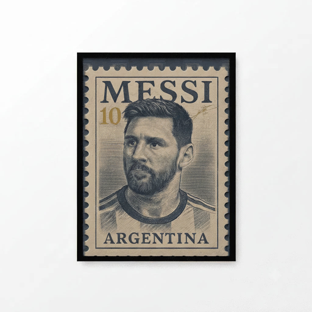 A framed art print depicting a vintage-style postage stamp portrait of Lionel Messi with the text 'MESSI' and 'ARGENTINA', shown against a clean white background.