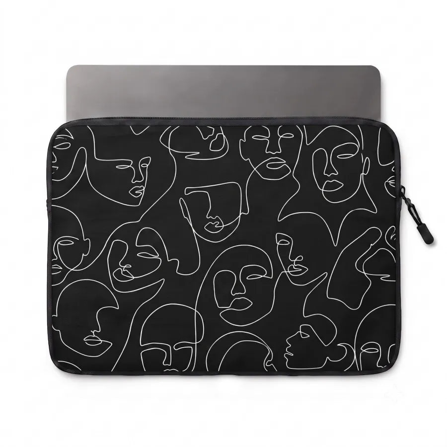 A black laptop sleeve featuring a white continuous line art pattern of various faces, shown with a gray laptop inserted at the top, on a plain white background.